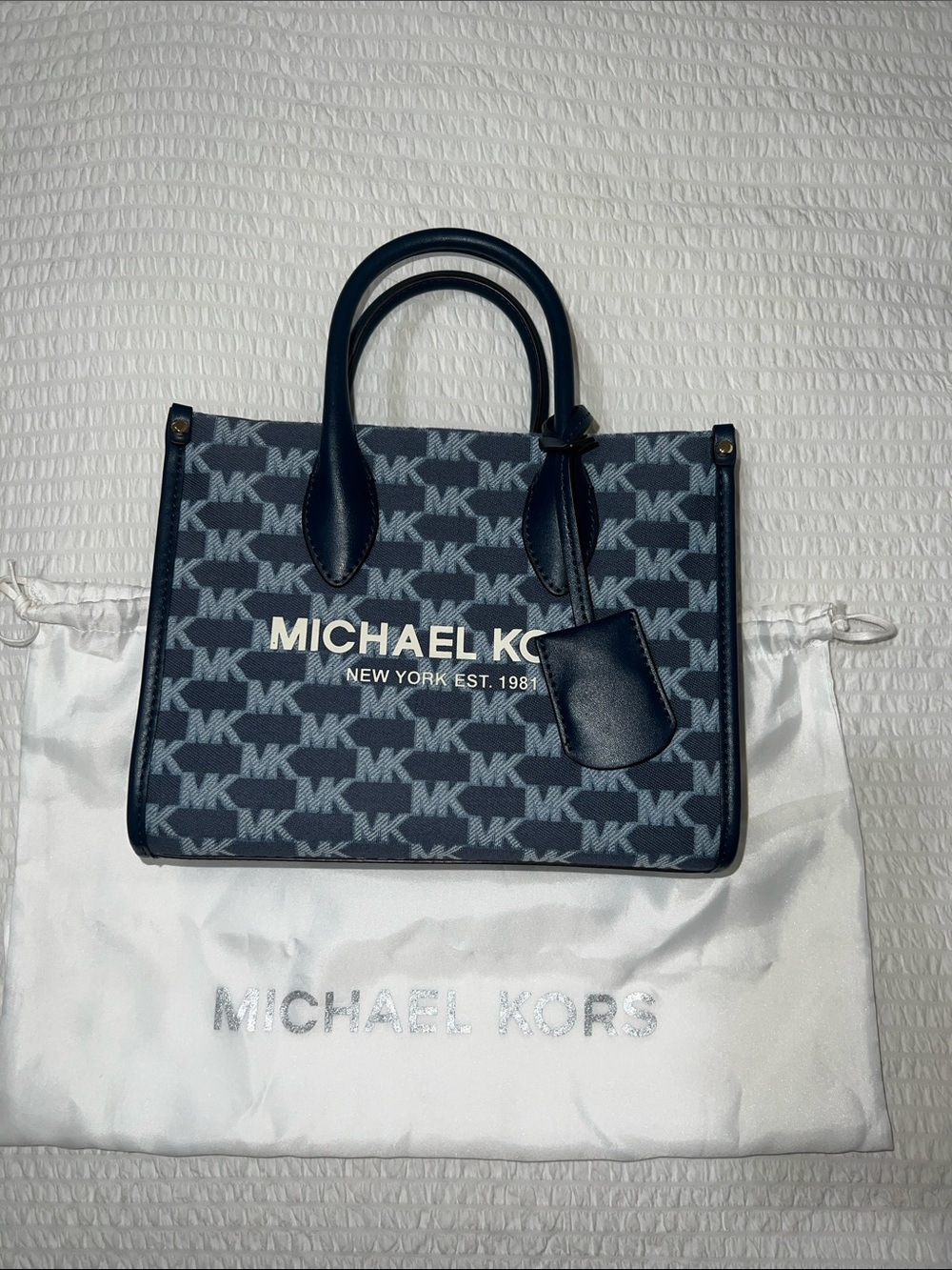 Michael Kors Navy MK Logo Satchel with Leather Trim